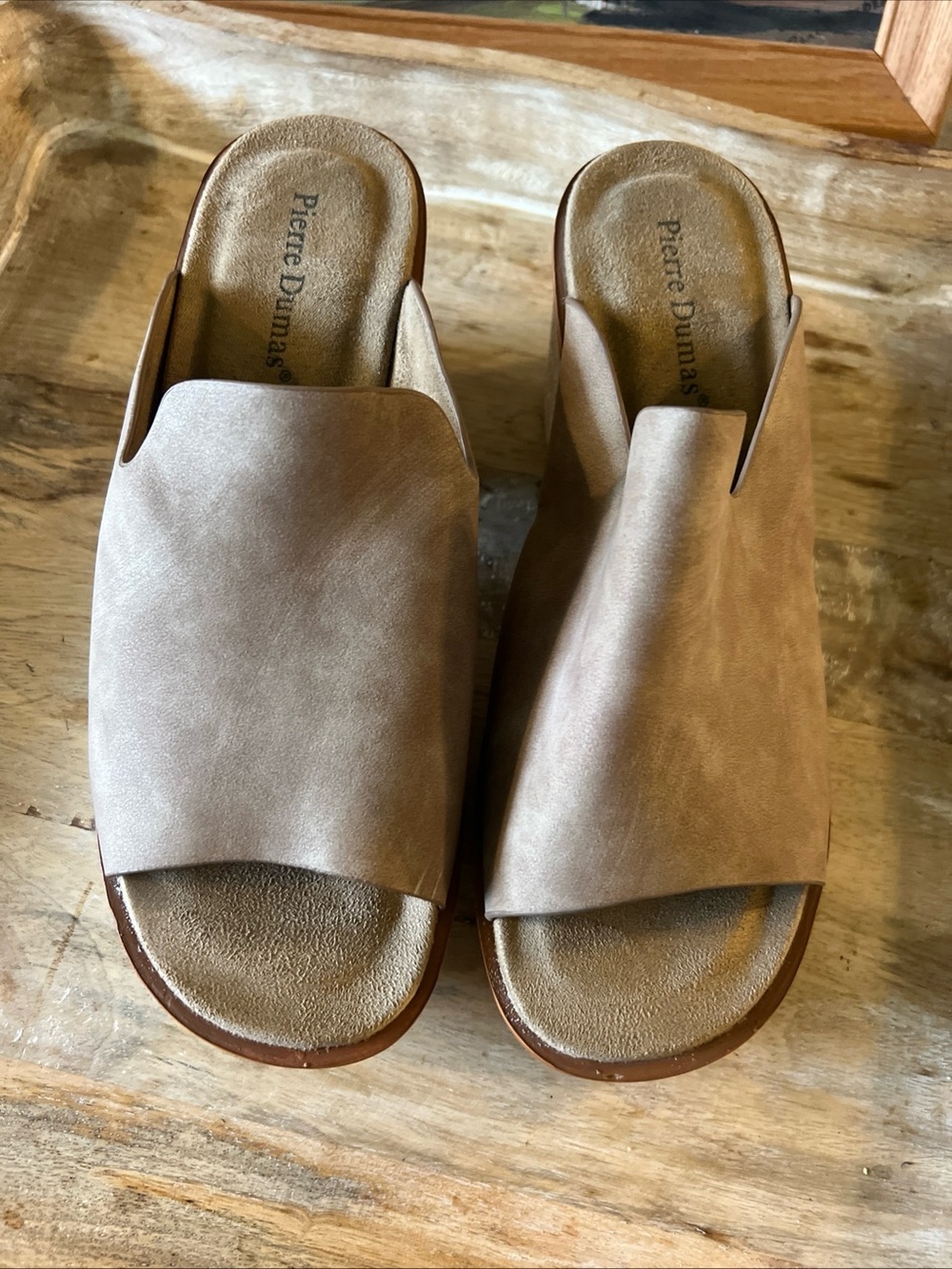 Pierre Dumas Taupe Open-Toe Slide Mules